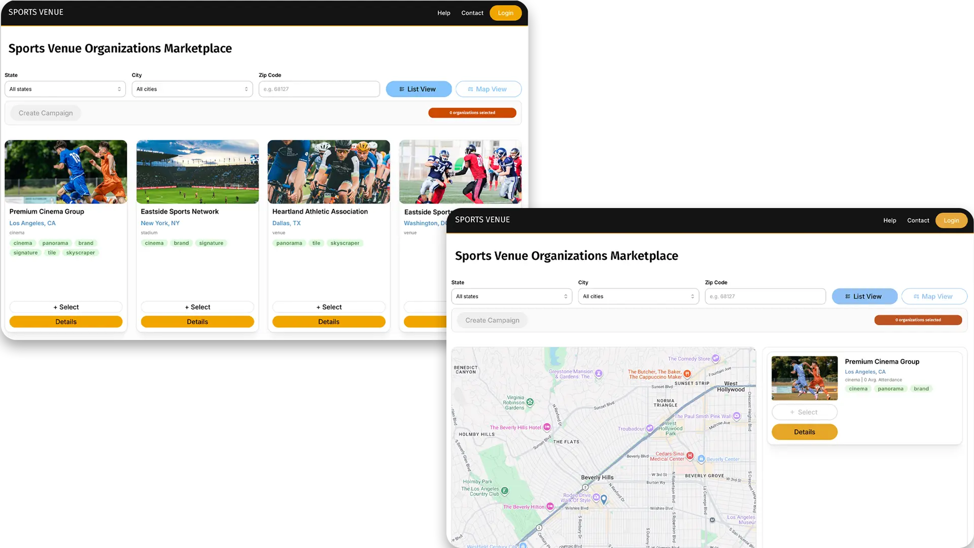 Advertising inventory marketplace with list and map views for geographic sports venue discovery