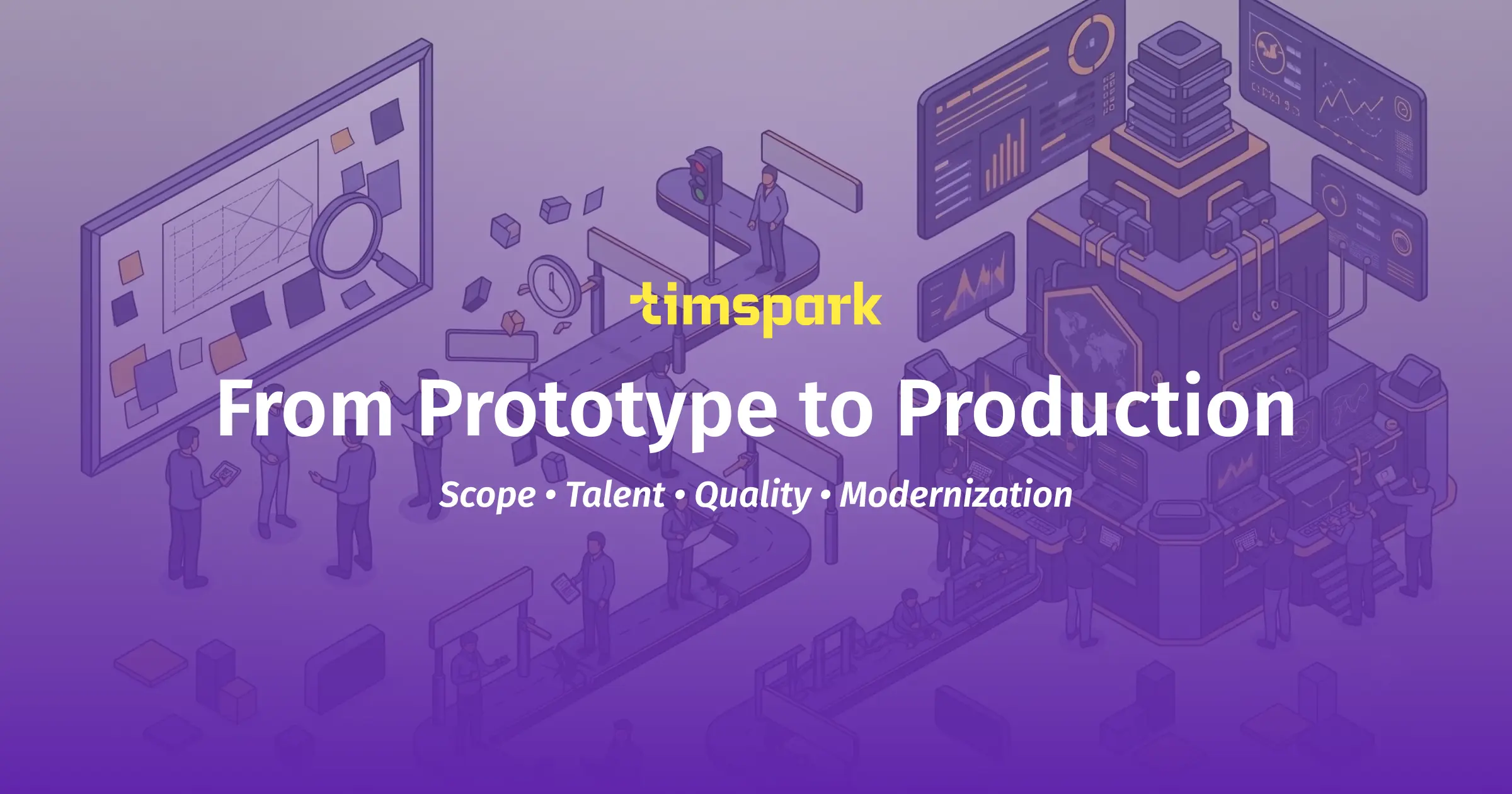 prototype-to-production-operating-model Prototype-to-production operating model showing discovery, architecture, team ownership, build, QA, release, monitoring, feedback loops, and recurring software delivery failure conditions.