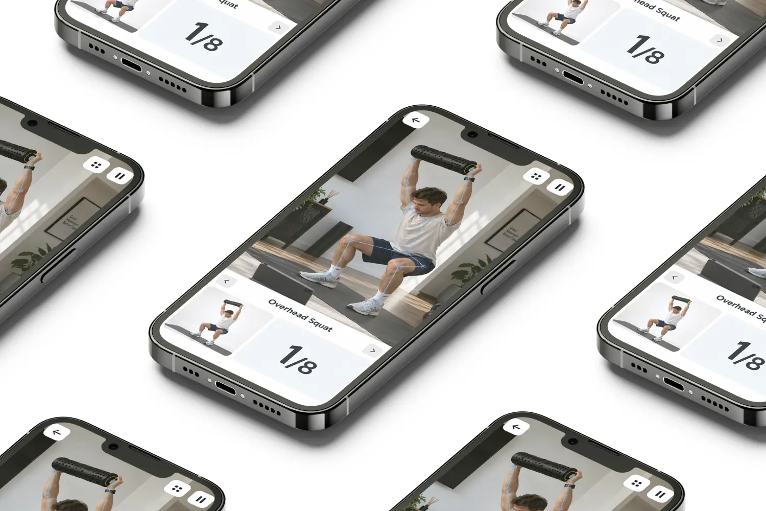 Main body-1 Mobile workout screen showing camera-based movement tracking during an overhead squat