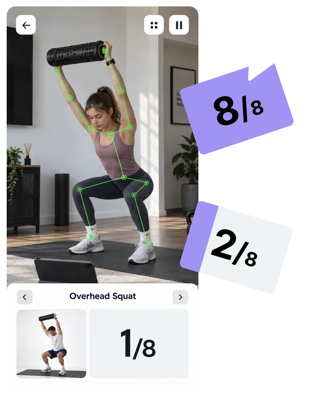 Main body Mobile workout screen showing camera-based movement tracking during an overhead squat